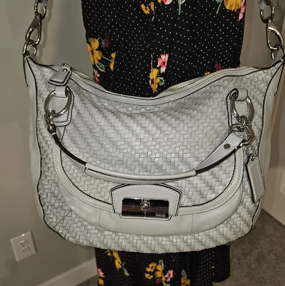Coach Kristen Woven Round Leather Satchel $498 Authentic Gray/Silver VGUC - Picture 2 of 16